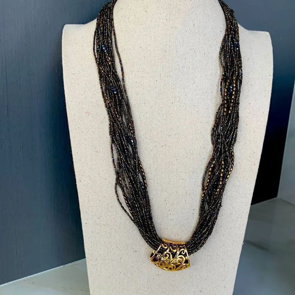 Twisted Czech Glass Seed Bead Necklace with Gold Tone Scroll Pendant